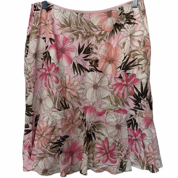 Ann Taylor Loft Silk Blend Midi Skirt 8P Pink Floral Ruffle Feminine Flirty - Picture 2 of 8